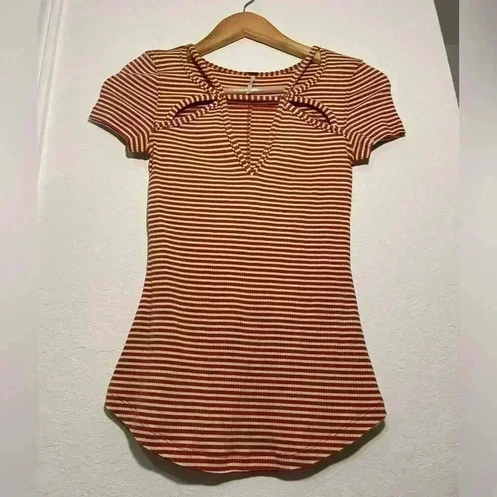 Free People Frenchie Cutout Orange Striped Blouse Womens Size XS